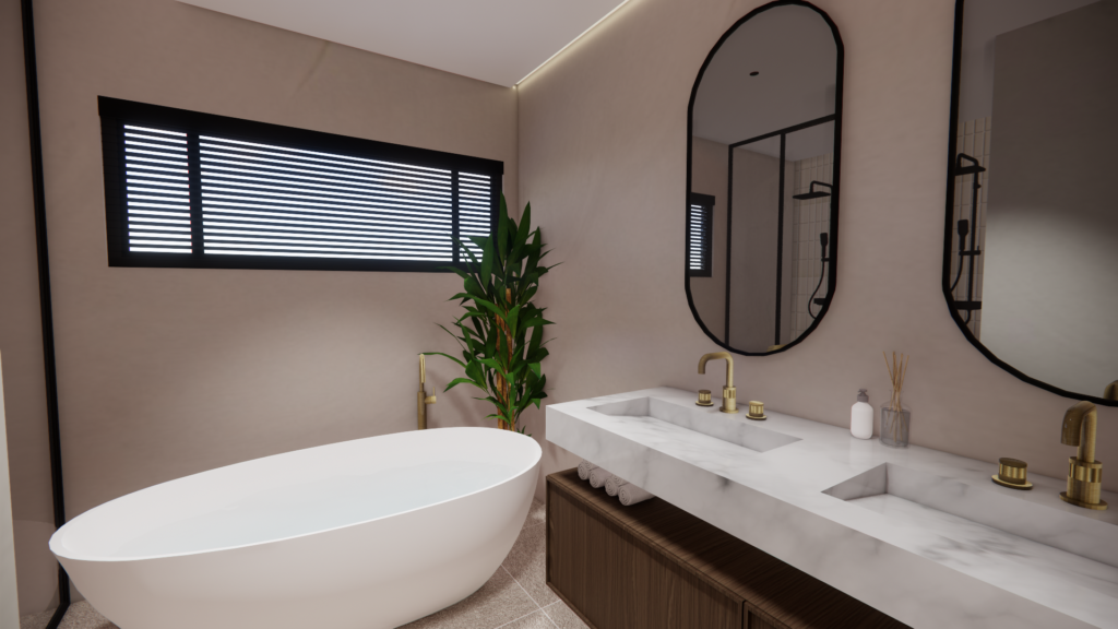 Realistisch ontwerp van een moderne badkamer
